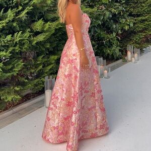 Pink Floral Strapless Formal Maxi Dress